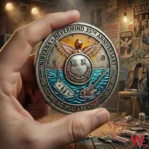 Nirvana Nevermind 35th Annviersary Come As You Are 1991-2026 Coin 3 Hand holding a Nirvana Nevermind 35th anniversary coin with smiley face wings waves and guitars!