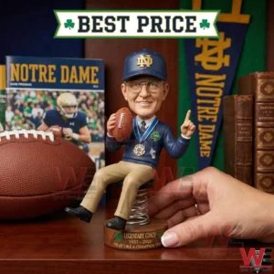 Notre Dame Fighting Irish Lou Holt Coach Dashboard Bobblehead 3 Notre Dame inspired coach bobblehead held by a hand in a themed display setting!