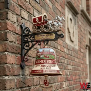 Oklahoma Sooners themed wall bell with wagon and horses mounted on a brick wall!