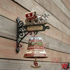 Oklahoma Sooners 1895-2025 130th Annviersary Wall Bell 4 Oklahoma Sooners wall bell with wagon and horses mounted on a wooden wall!