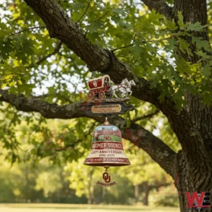 Oklahoma Sooners 1895-2025 130th Annviersary Wall Bell 5 Oklahoma Sooners hanging bell with wagon and horses suspended from a tree branch outdoors!
