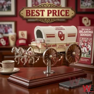 A detailed scale model of the Oklahoma Sooners covered wagon and horses on a wooden display stand!
