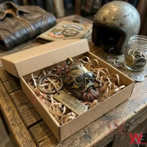 A bronze skull keychain with a beard and sunglasses inside a cardboard gift box on a wooden workbench!