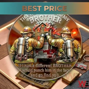 A detailed silver challenge coin with firefighter imagery and sentimental text about brotherhood!