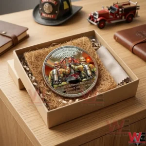 A gift box containing a silver challenge coin for a firefighter brother sitting on a desk!