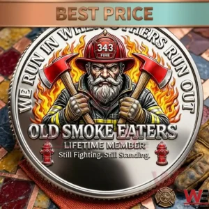 A commemorative silver coin honoring veteran firefighters with bold graphics and honorary text!