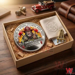 A firefighter challenge coin gift set including a display stand and cleaning cloth in a box!