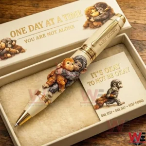 One day at a Time You Are not Alone Pen 3 Close up of a cream and gold pen with a monkey carving resting in a decorative box on a wood table!