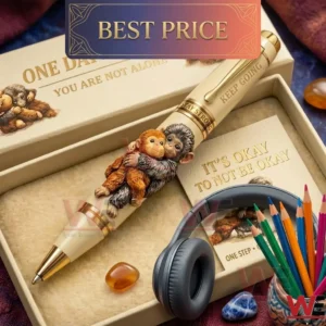 An inspirational pen with a monkey hug sculpture and gold trim displayed with art supplies and headphones!