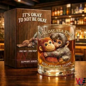 One day at a Time You Are not Alone Whiskey Glass 3 Close up of a supportive theme whiskey glass and wooden box on a bar counter with a warm atmosphere!