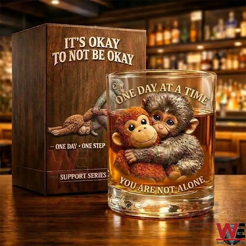 One day at a Time You Are not Alone Whiskey Glass 2 Close up of a supportive theme whiskey glass and wooden box on a bar counter with a warm atmosphere!