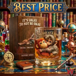 Inspirational whiskey glass with monkey artwork and a matching wooden gift box on a scholar desk!