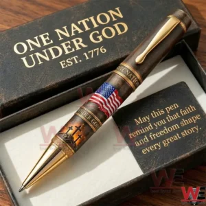 One Nation Under God One Nation Under God USA Flag Pen 3 Patriotic gift pen with American flag and cross carvings inside a premium black and gold display box!