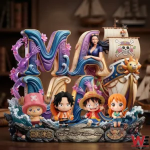 Custom One Piece themed resin display with decorative letters ship and character figures on a table!