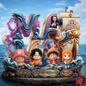 Custom One Piece themed resin display with character figures and ship in front of the ocean!