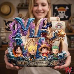 Person holding a custom One Piece themed resin display with ship and character figures!