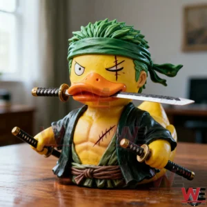 Yellow duck swordsman figure with green hair and three swords!