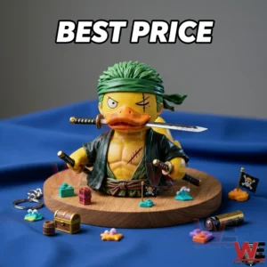 Duck swordsman figure on a wooden stand with best price text!