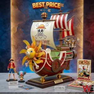 A collectible Thousand Sunny ship model with Luffy and Chopper figures on a marble table!