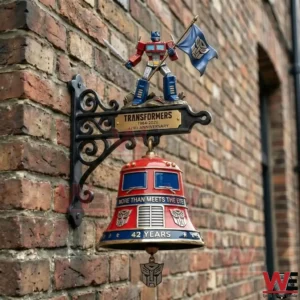 Transformers anniversary wall bell on a brick wall with an Optimus Prime figure holding a flag!