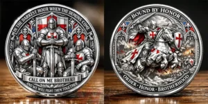 Two medieval knight coins with red cross symbols and bold honor themed text!