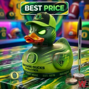 A dark green and lime green Oregon Ducks collectible duck with glowing eyes and a baseball cap on a marbled table!