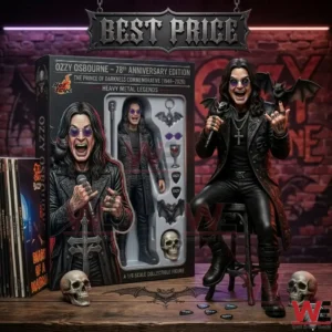 A premium rock legend action figure with gothic accessories and collector packaging on a wooden surface!