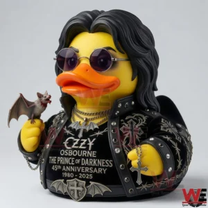 Yellow rock style duck figure with black hair sunglasses and a small bat!