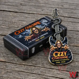 Ozzy Osbourne guitar shaped enamel pin with matching keepsake box on a wooden table!
