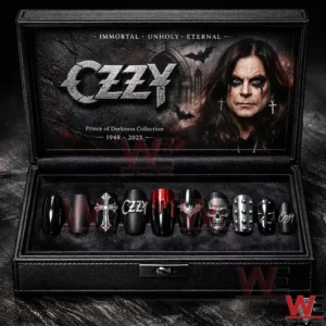 Open black display box holding gothic press on nails with cross and skull designs and portrait artwork on the lid!