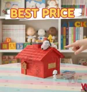 Peanuts 75th Anniversary Snoopy House Tissue Box 3 Peanuts doghouse tissue box displayed with Snoopy figures!
