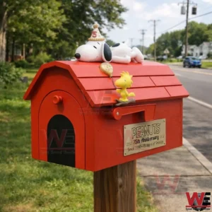 Red Peanuts themed mailbox with Snoopy on top and Woodstock on the front!