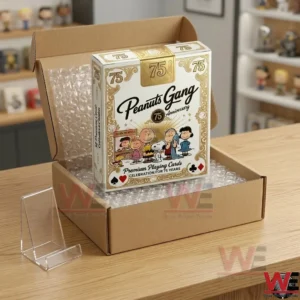 Peanuts Gang 75th anniversary Playing Cards Set 3 A white and gold Peanuts 75th Anniversary card box being unboxed from a cardboard shipping container!