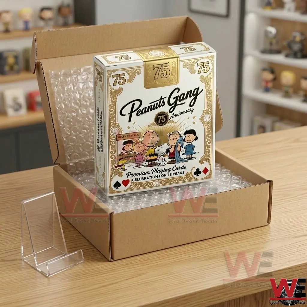 Peanuts Gang 75th anniversary Playing Cards Set 2 A white and gold Peanuts 75th Anniversary card box being unboxed from a cardboard shipping container!