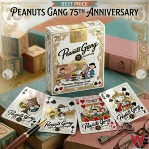 Peanuts Gang 75th Anniversary playing cards and collector box featuring Snoopy and Charlie Brown!