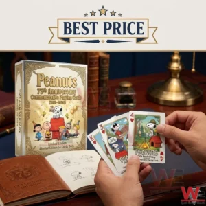 Hands holding illustrated Peanuts playing cards next to a commemorative card box and a leather notebook on a wooden desk with a lamp!