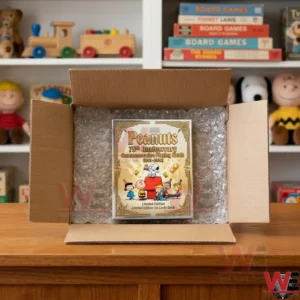 Peanuts Gang 75th Anniversary Premium Playing Cards 3 A Peanuts anniversary card box packed inside a cardboard shipping box with bubble wrap on a wooden table in front of a toy shelf!