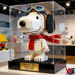 Brick Snoopy figure in a clear display case on a black base with an anniversary nameplate!