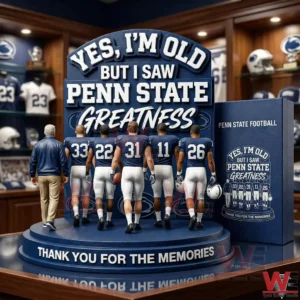 Penn State football display statue with coach and players facing a greatness sign!