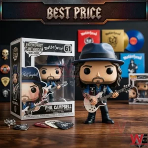 Rock music guitarist vinyl figure with a white electric guitar and blue fedora standing on a desk with themed accessories!