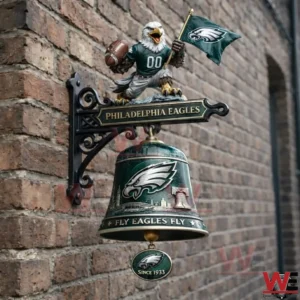 Philadelphia Eagles wall bell with an eagle figure holding a football and flag on a brick wall!