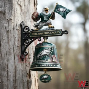 Philadelphia Eagles wall bell mounted on a wooden post with an eagle figure holding a football and flag!