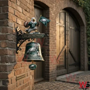 Philadelphia Eagles wall bell on a brick wall near an arched doorway with an eagle figure holding a football and flag!
