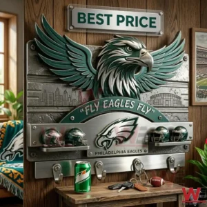 A metal Philadelphia Eagles wall rack with a large 3D eagle and the team motto! The design includes etched city buildings and four mini helmets on shelves! Four hooks are at the bottom for organization! The item is mounted on a wooden wall!