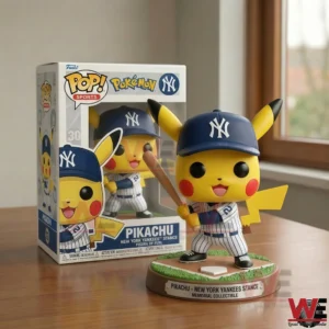Pikachu figure in New York Yankees uniform holding a baseball bat next to its box on a table!