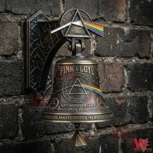 Pink Floyd inspired wall bell with rainbow prism design on a dark brick wall!
