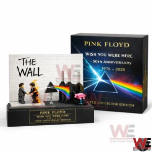 Building brick Pink Floyd themed display with wall backdrop prism rainbow and anniversary box!