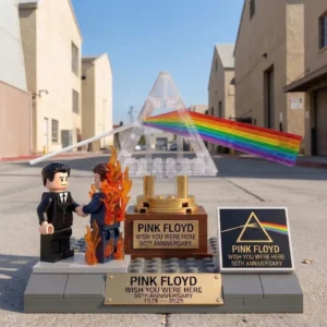 Pink Floyd themed brick display with prism rainbow and two small figures from Wish You Were Here!