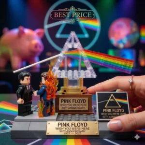 Pink Floyd themed brick display with prism rainbow in a colorful shop setting!