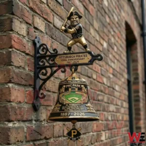 Pittsburgh Pirates anniversary wall bell with batter figure on a brick wall!